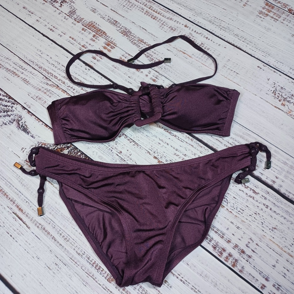 Perry Ellis Bikini Set Women‎ S Purple Excellent Halter Bandeau Side Tie 2 Piece